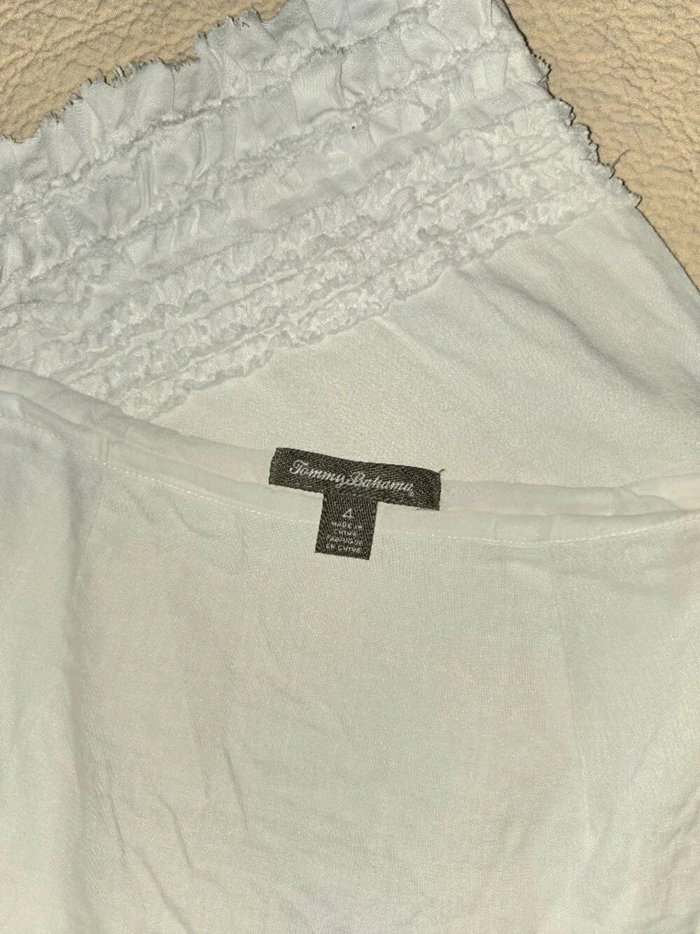 TOMMY BAHAMA White Linen Skirt with Smocked Ruffles